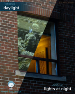 Image showing the reflection of a small window during day time and night time.